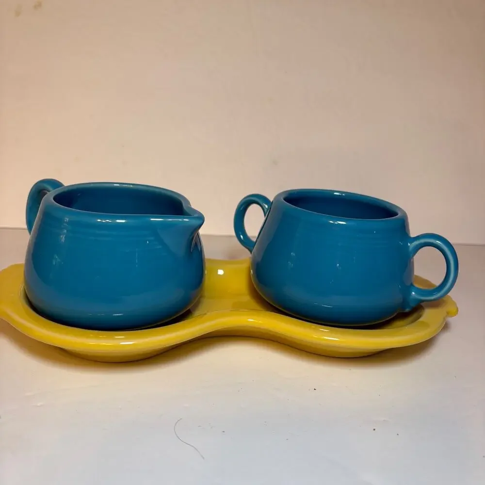 Fiesta Fiestaware Sugar & Creamer Set w Figure 8 Tray Yellow & Blue Mix n Match